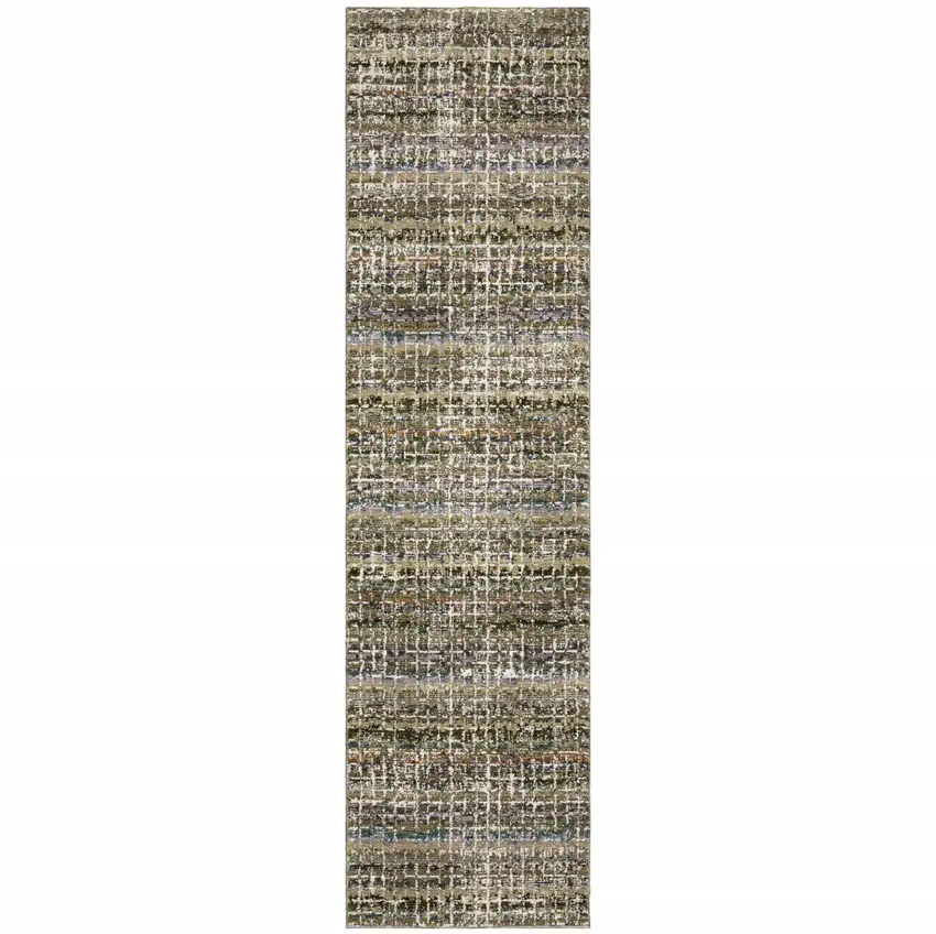 Green Green Grey And Purple Abstract Power Loom Stain Resistant Runner Rug Photo 1