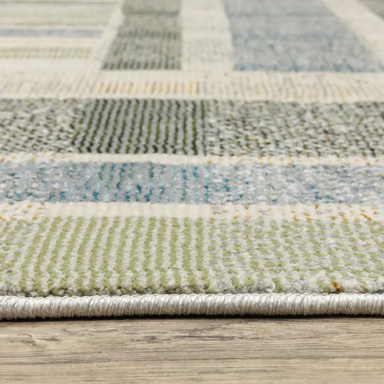 Green Grey And Ivory Geometric Power Loom Stain Resistant Runner Rug Photo 5