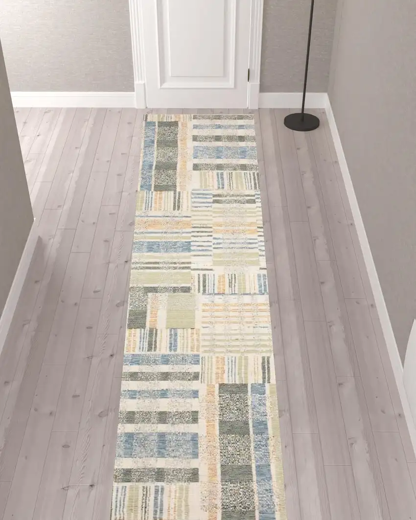 Green Grey And Ivory Geometric Power Loom Stain Resistant Runner Rug Photo 2