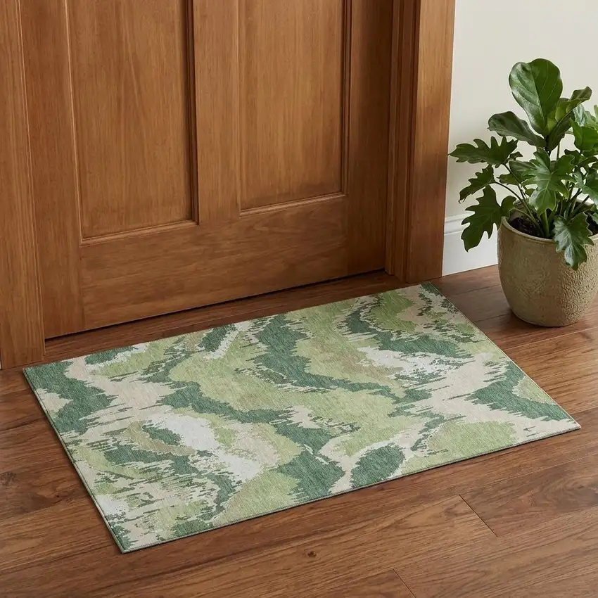 Green Ivory And Beige Abstract Washable Area Rug With UV Protection Photo 1