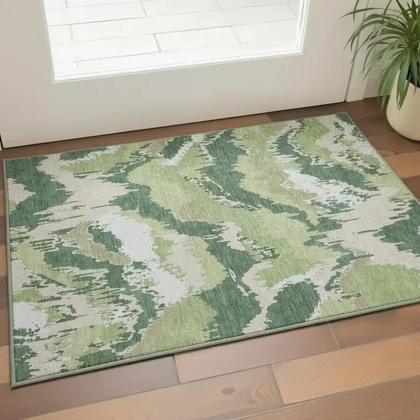 Green Ivory And Beige Abstract Washable Area Rug With UV Protection Photo 1