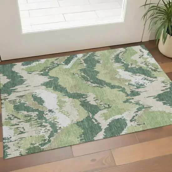 Green Ivory And Beige Abstract Washable Area Rug With UV Protection Photo 1
