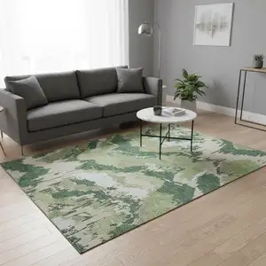 Photo of Green Ivory And Beige Abstract Washable Area Rug With UV Protection