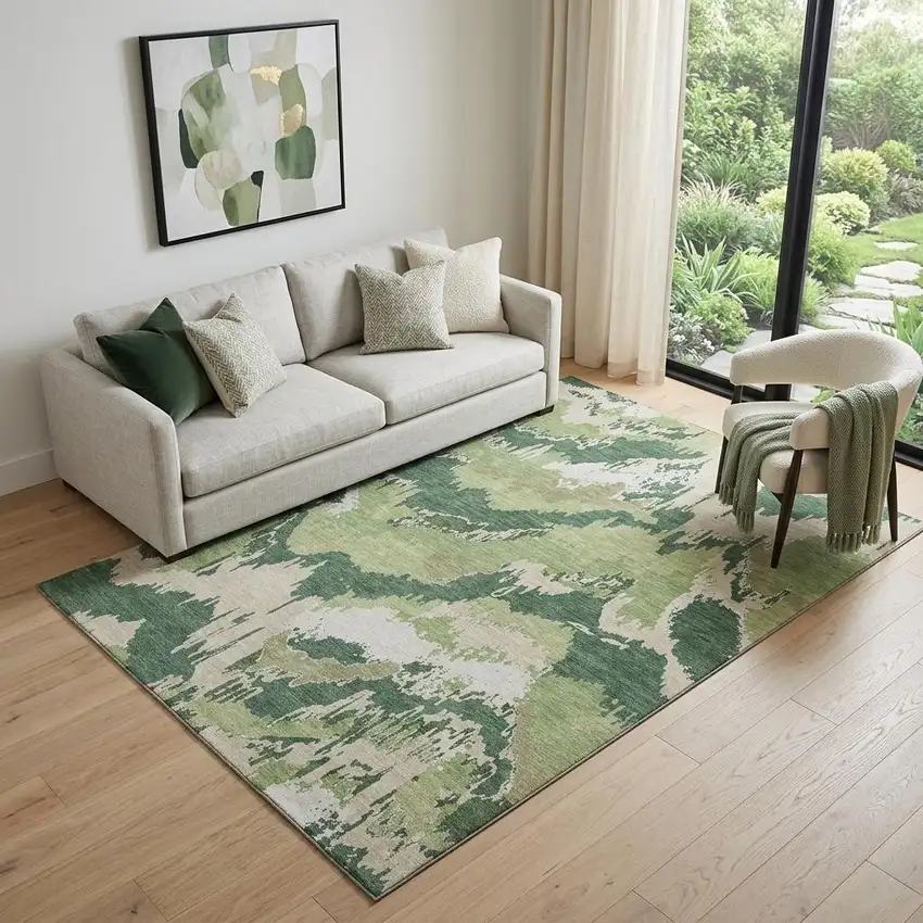 Green Ivory And Beige Abstract Washable Area Rug With UV Protection Photo 1