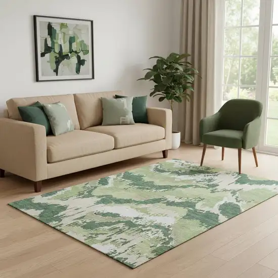 Green Ivory And Beige Abstract Washable Area Rug With UV Protection Photo 1