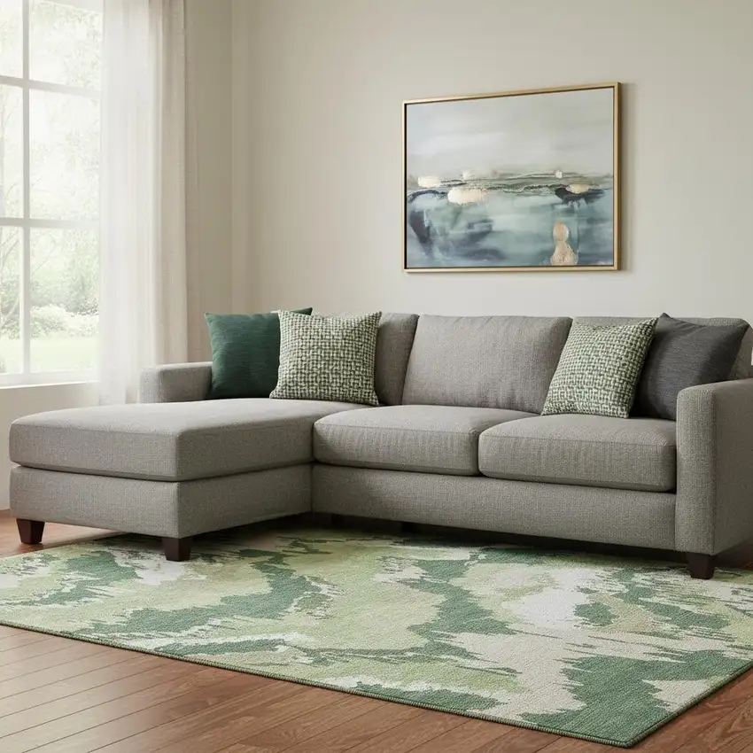 Green Ivory And Beige Abstract Washable Area Rug With UV Protection Photo 1