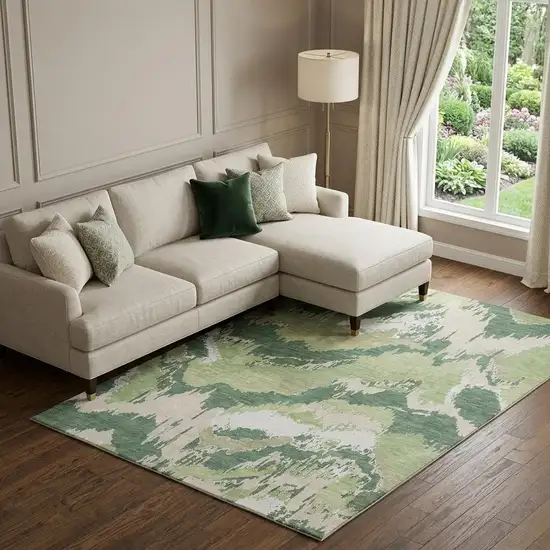 Green Ivory And Beige Abstract Washable Area Rug With UV Protection Photo 1