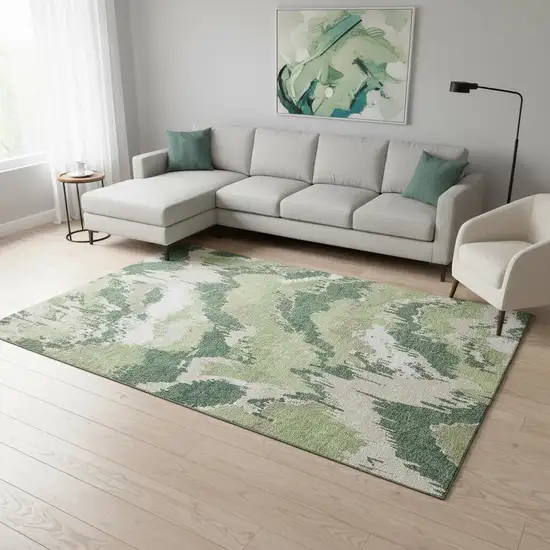 Green Ivory And Beige Abstract Washable Area Rug With UV Protection Photo 1