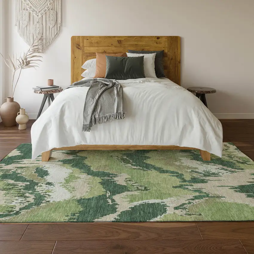 Green Ivory And Beige Abstract Washable Area Rug With UV Protection Photo 5