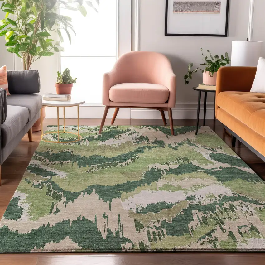 Green Ivory And Beige Abstract Washable Area Rug With UV Protection Photo 4