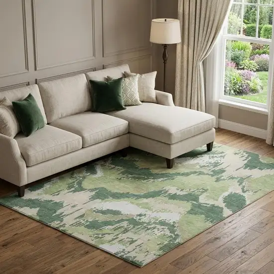 Green Ivory And Beige Abstract Washable Area Rug With UV Protection Photo 1