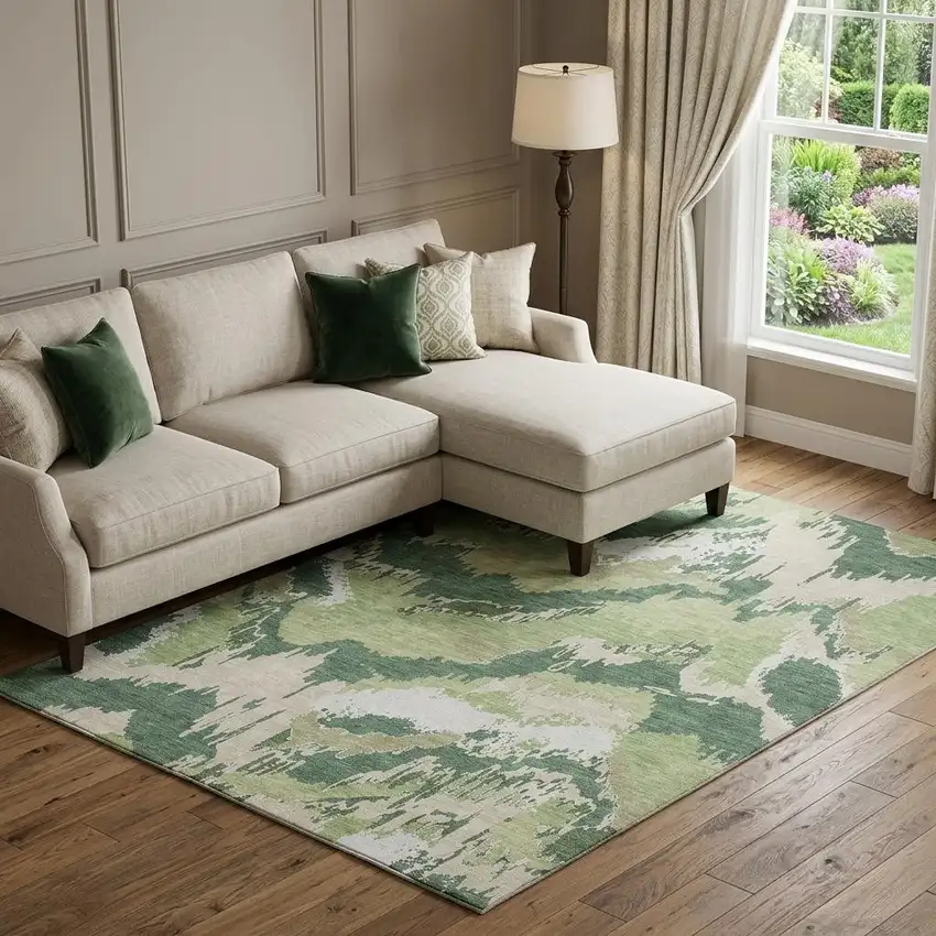 Green Ivory And Beige Abstract Washable Area Rug With UV Protection Photo 1