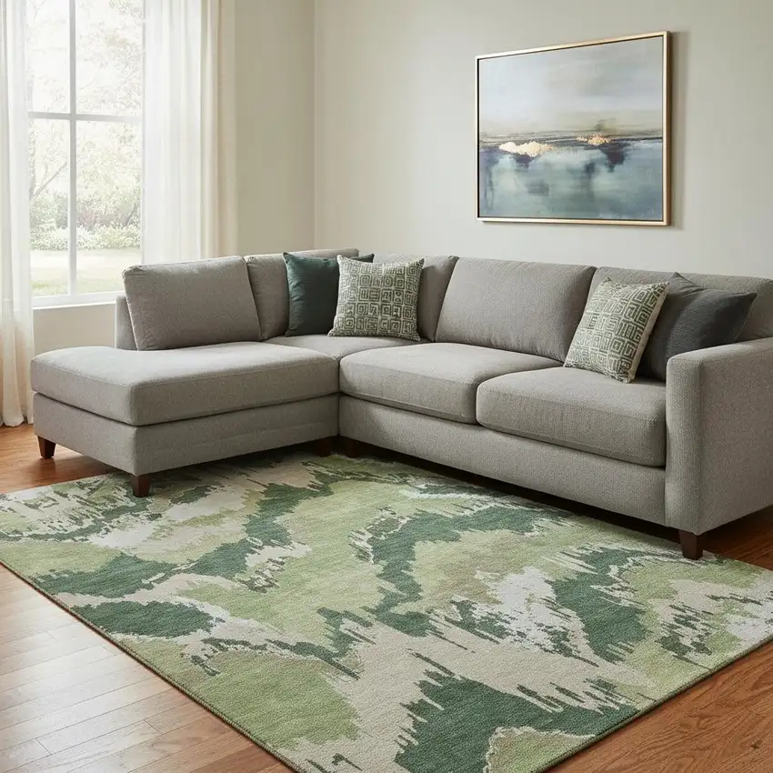 Green Ivory And Beige Abstract Washable Area Rug With UV Protection Photo 1