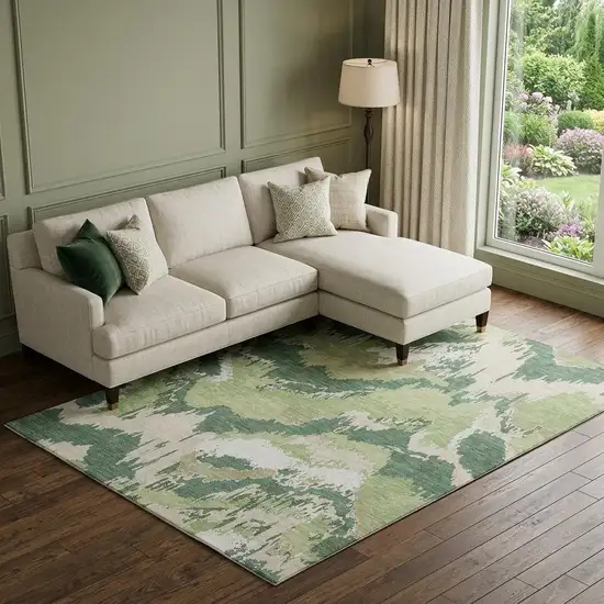 Green Ivory And Beige Abstract Washable Area Rug With UV Protection Photo 1