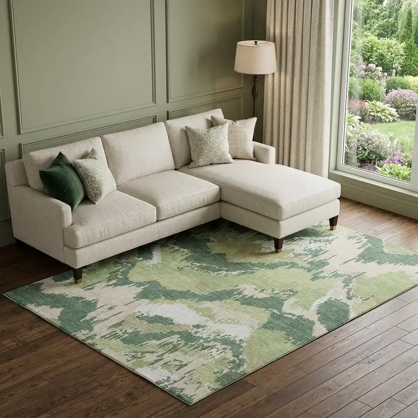 Green Ivory And Beige Abstract Washable Area Rug With UV Protection Photo 1