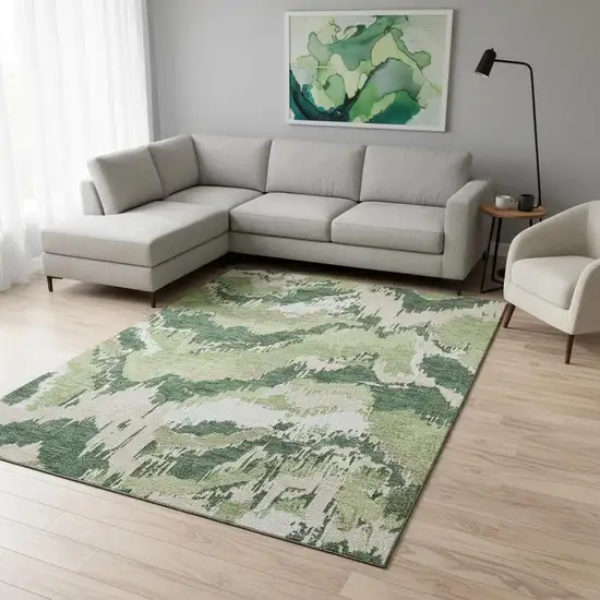 Green Ivory And Beige Abstract Washable Area Rug With UV Protection Photo 1
