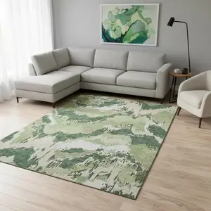 Photo of Green Ivory And Beige Abstract Washable Area Rug With UV Protection