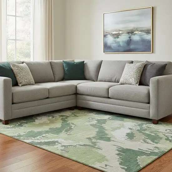 Green Ivory And Beige Abstract Washable Area Rug With UV Protection Photo 1