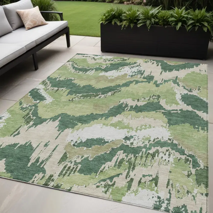 Green Ivory And Beige Abstract Washable Indoor Outdoor Area Rug Photo 1