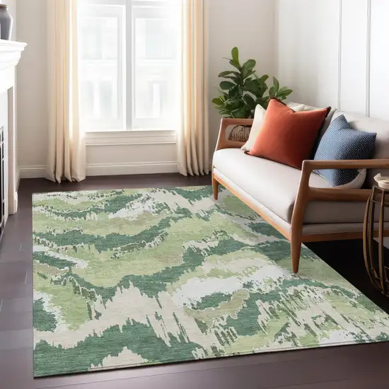 Green Ivory And Beige Abstract Washable Indoor Outdoor Area Rug Photo 9