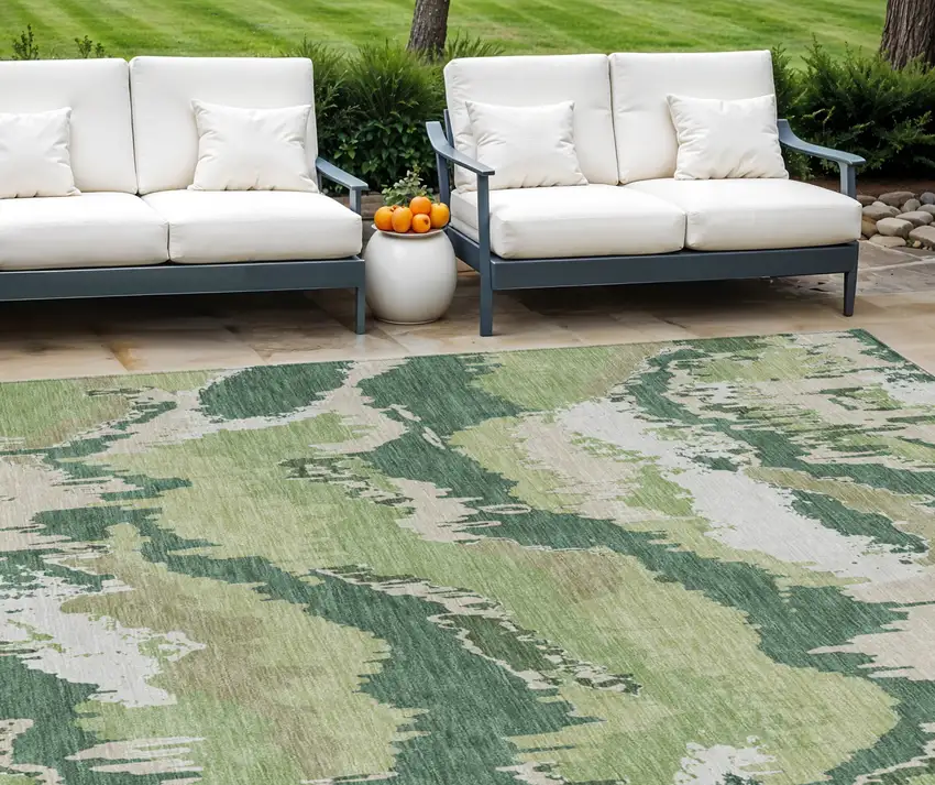 Green Ivory And Beige Abstract Washable Indoor Outdoor Area Rug Photo 1