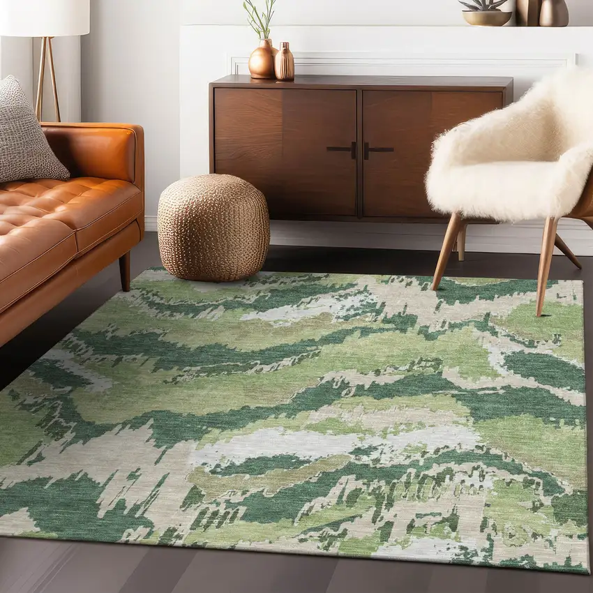 Green Ivory And Beige Abstract Washable Indoor Outdoor Area Rug Photo 9