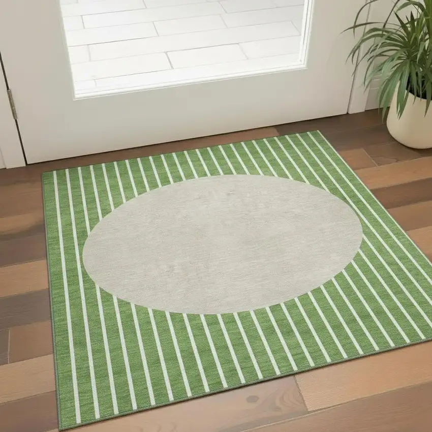 Green Ivory And Beige Striped Washable Area Rug With UV Protection Photo 2