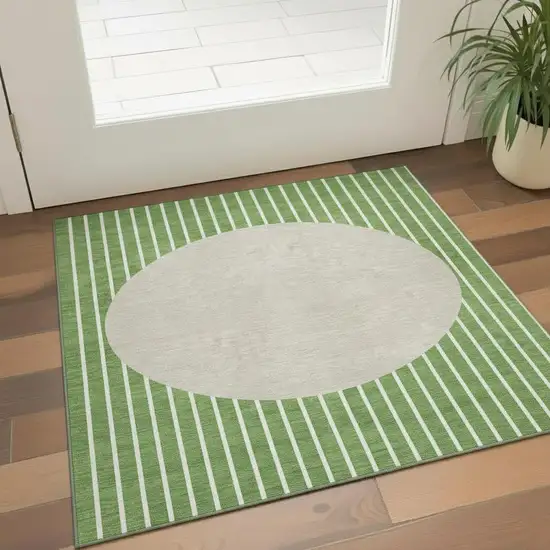 Green Ivory And Beige Striped Washable Area Rug With UV Protection Photo 2