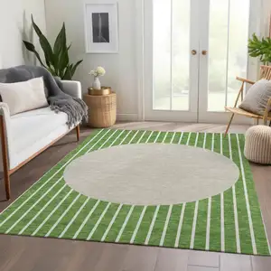 Photo of Green Ivory And Beige Striped Washable Area Rug With UV Protection