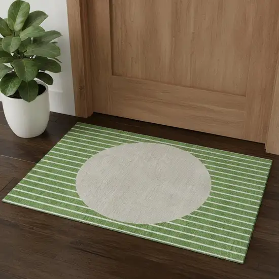 Green Ivory And Beige Striped Washable Area Rug With UV Protection Photo 1