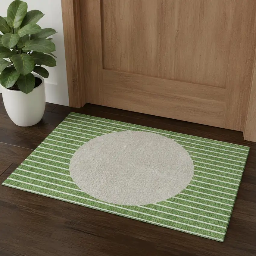 Green Ivory And Beige Striped Washable Area Rug With UV Protection Photo 1
