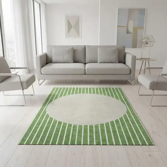 Green Ivory And Beige Striped Washable Area Rug With UV Protection Photo 2