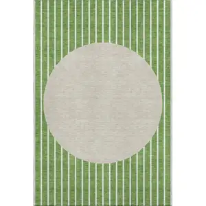 Photo of Green Ivory And Beige Striped Washable Area Rug With UV Protection