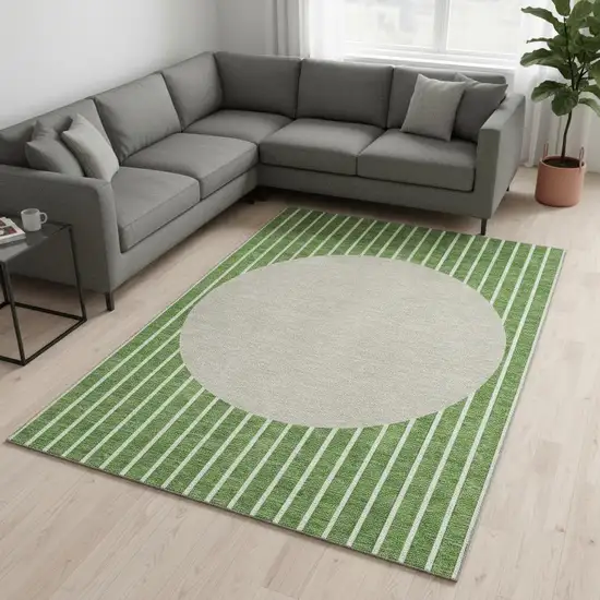 Green Ivory And Beige Striped Washable Area Rug With UV Protection Photo 2