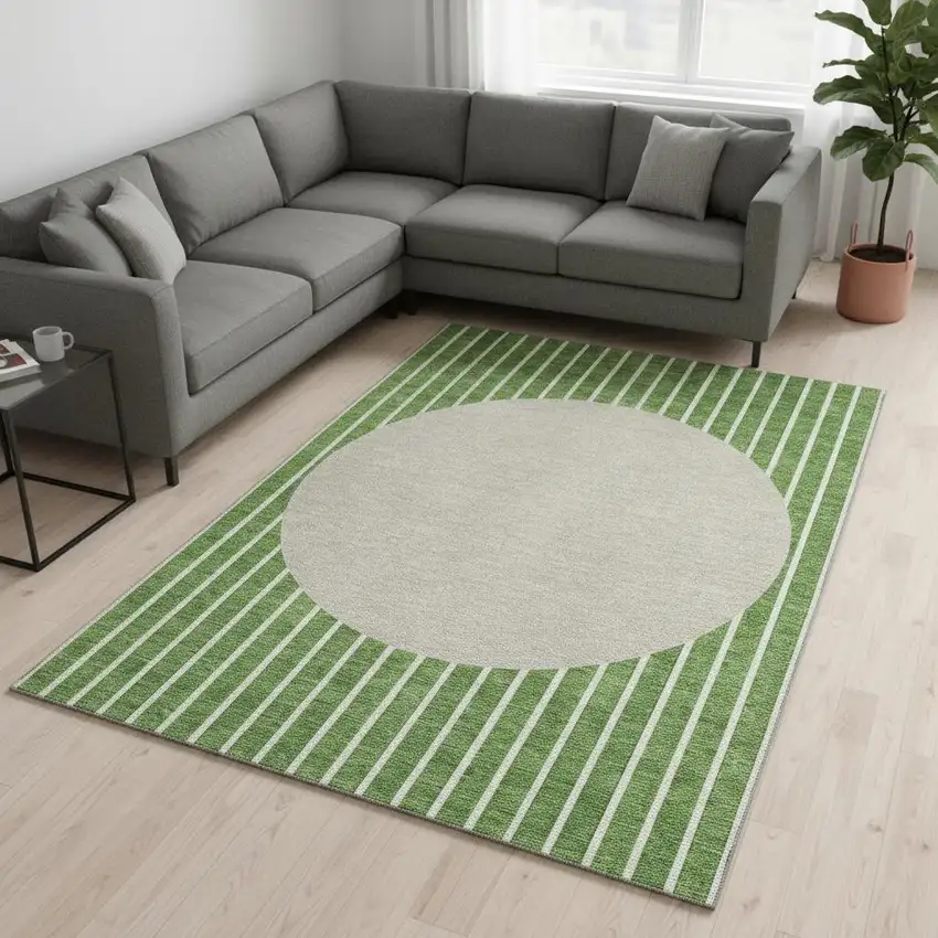 Green Ivory And Beige Striped Washable Area Rug With UV Protection Photo 2