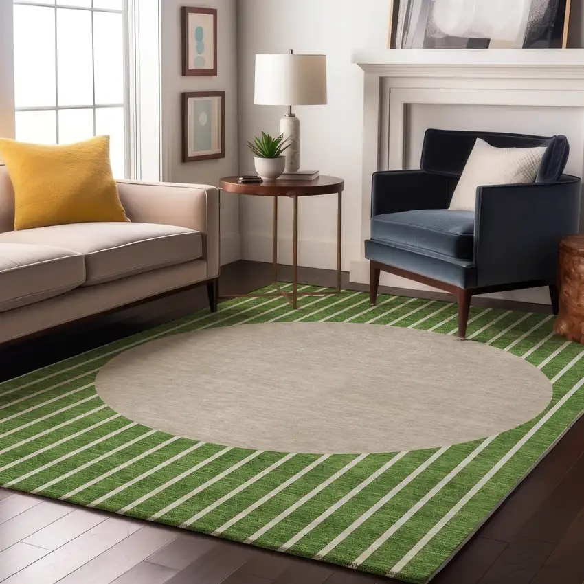 Green Ivory And Beige Striped Washable Area Rug With UV Protection Photo 4