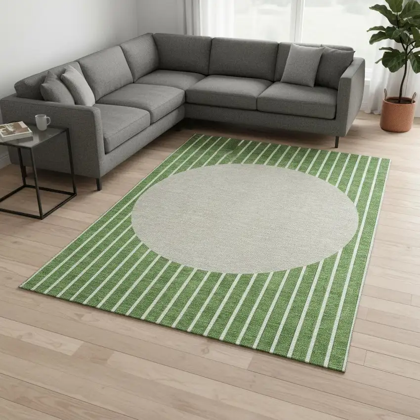 Green Ivory And Beige Striped Washable Area Rug With UV Protection Photo 2