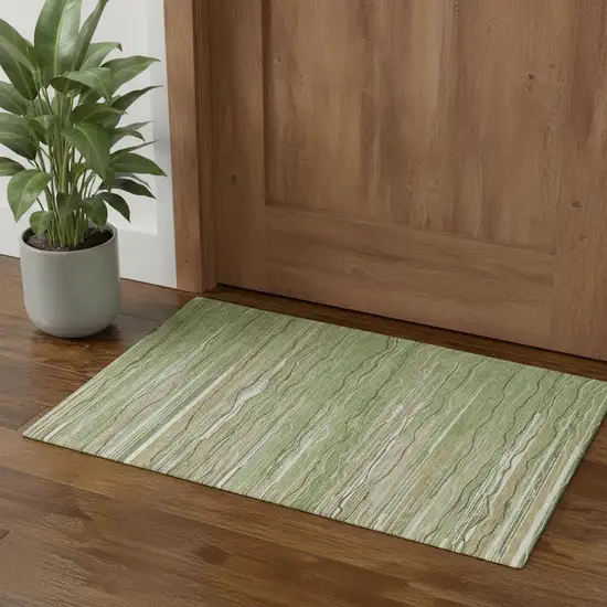 Green Ivory And Beige Striped Washable Area Rug With UV Protection Photo 1