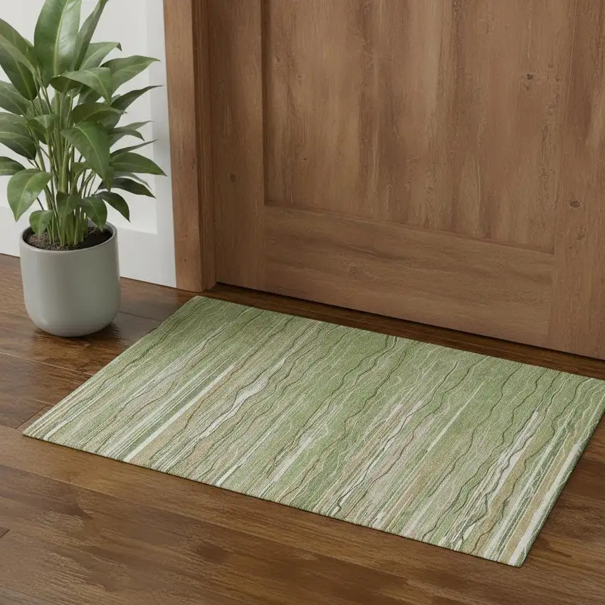 Green Ivory And Beige Striped Washable Area Rug With UV Protection Photo 1