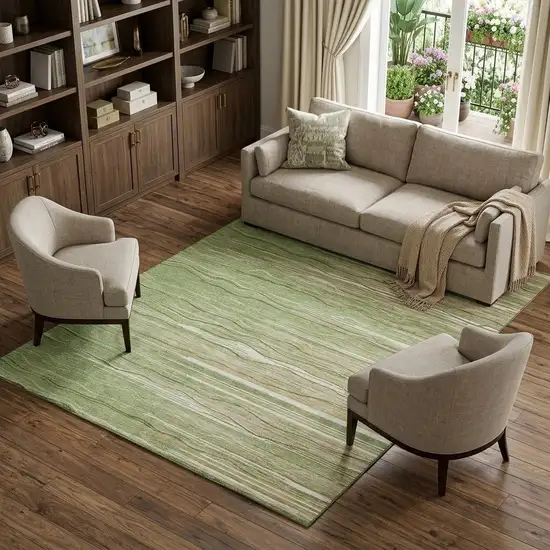 Green Ivory And Beige Striped Washable Area Rug With UV Protection Photo 1
