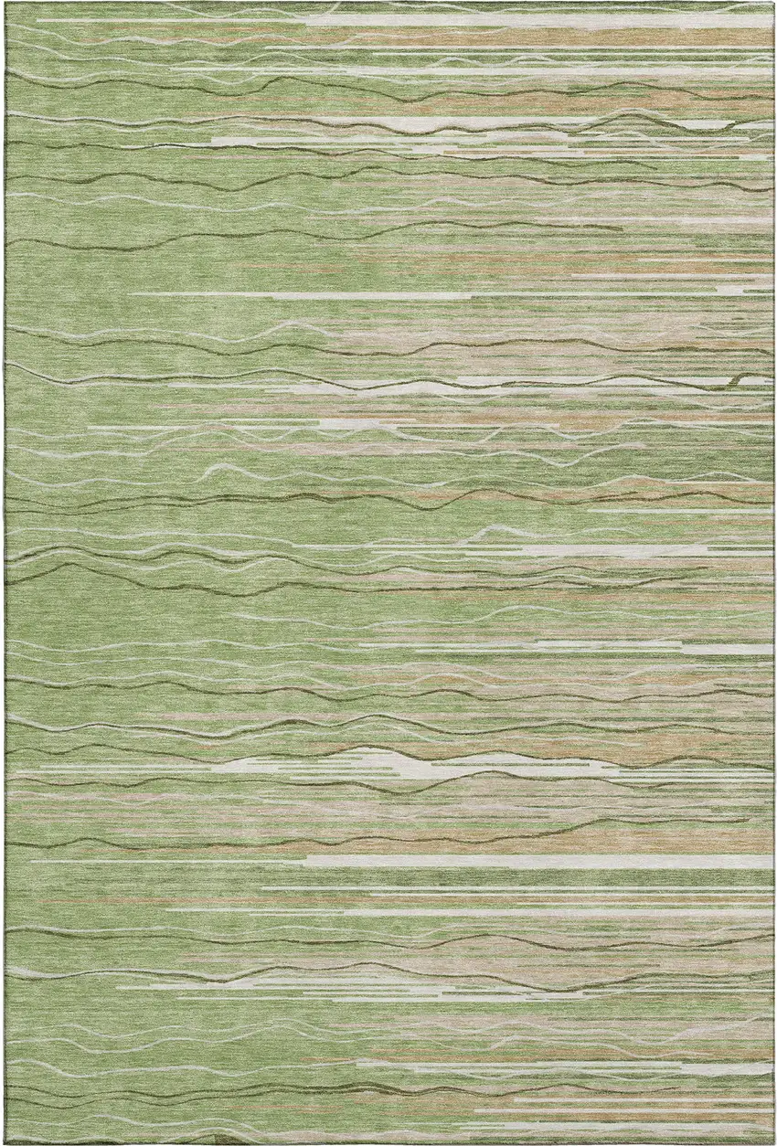 Green Ivory And Beige Striped Washable Area Rug With UV Protection Photo 1