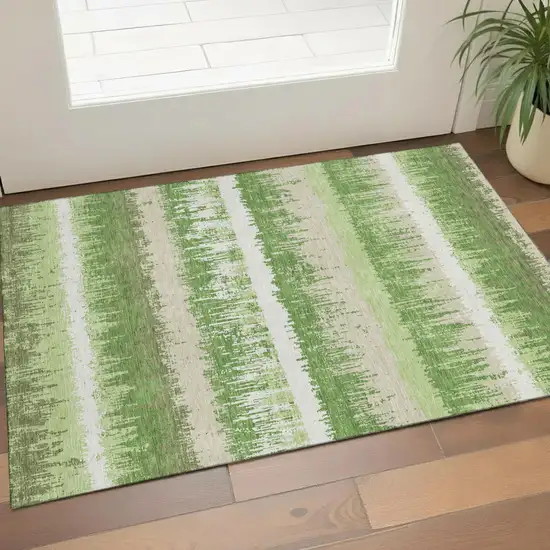 Green Ivory And Beige Striped Washable Area Rug With UV Protection Photo 1