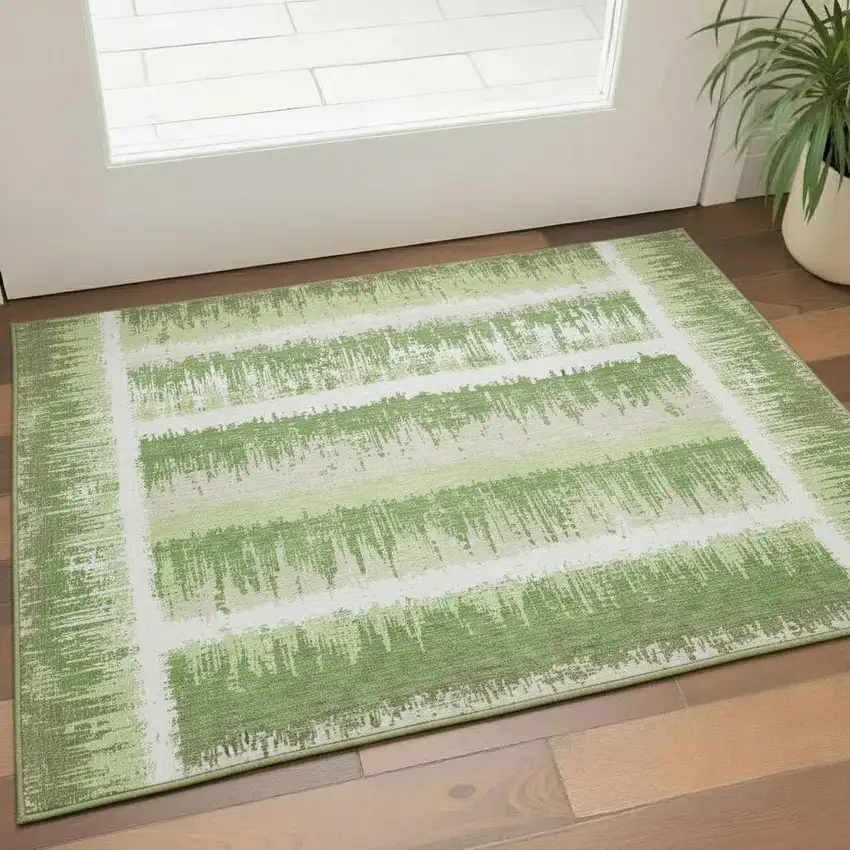 Green Ivory And Beige Striped Washable Area Rug With UV Protection Photo 2