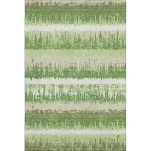 Photo of Green Ivory And Beige Striped Washable Area Rug With UV Protection
