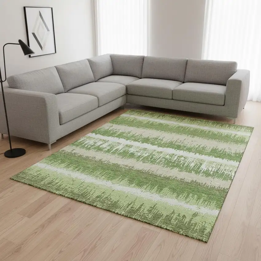 Green Ivory And Beige Striped Washable Area Rug With UV Protection Photo 2