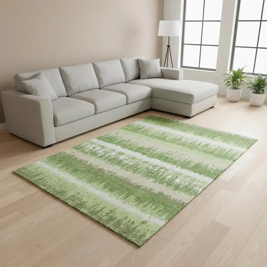 Green Ivory And Beige Striped Washable Area Rug With UV Protection Photo 2