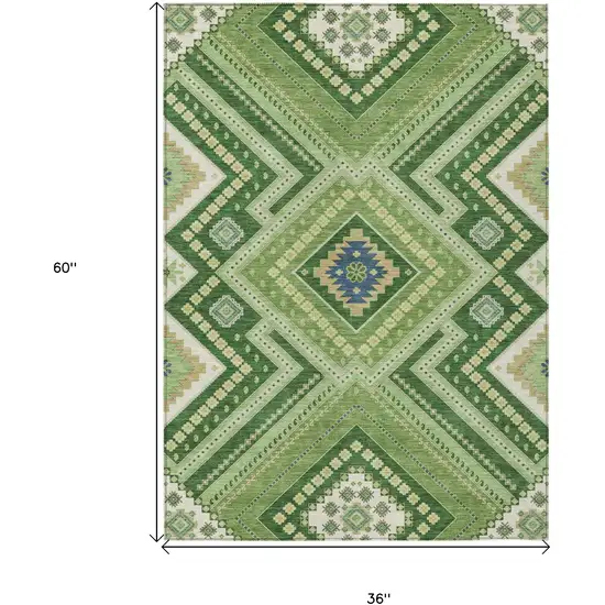 Green Ivory And Beige Tribal Washable Indoor Outdoor Area Rug Photo 3