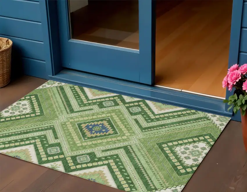 Green Ivory And Beige Tribal Washable Indoor Outdoor Area Rug Photo 1