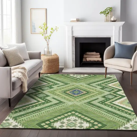 Green Ivory And Beige Tribal Washable Indoor Outdoor Area Rug Photo 8