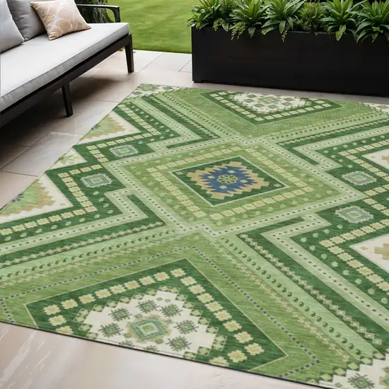 Green Ivory And Beige Tribal Washable Indoor Outdoor Area Rug Photo 1
